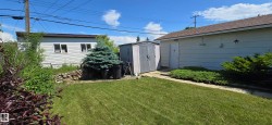 Expansive grass lawn featuring a detached shed with double doors, established perimeter landscaping, and a paved walkway - 