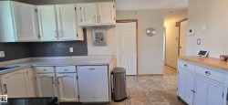 Kitchen featuring white cabinetry, a dark mosaic tile backsplash, and a white dishwasher - 