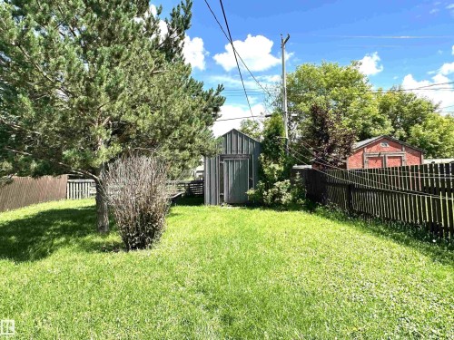 Grassed yard featuring a mature evergreen tree, a wooden storage shed, and perimeter fencing - 825 2 Street, Thorhild, AB 