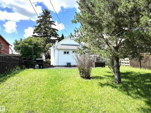 Expansive green lawn with mature pine tree and established shrubbery - 825 2 Street, Thorhild, AB 