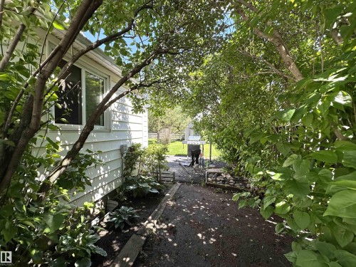 Side yard path featuring mature trees and established plantings alongside the property exterior - 825 2 Street, Thorhild, AB 