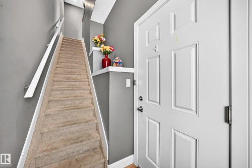 Carpeted staircase with white handrail and trim, alongside a paneled entrance door with dark hardware - 37 13003 132 Avenue Nw, Edmonton, AB 