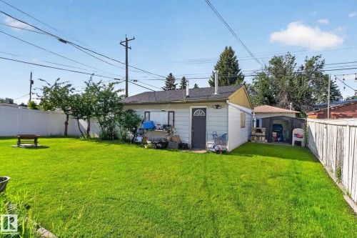 Expansive backyard featuring a large green lawn, perimeter fencing, mature trees, and a detached structure with a dark entry door - 7803 73 Street, Edmonton, AB 