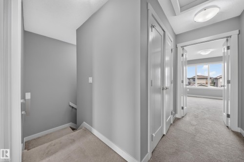 Carpeted hallway with two panel doors and a flush-mount ceiling light - 2331 Casey Crescent Sw, Edmonton, AB 