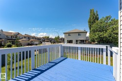 Blue painted deck surface with white railing - 