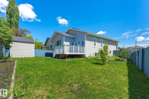 Spacious backyard featuring a manicured lawn, an elevated deck with white railings, a separate storage shed, and a fenced perimeter - 14908 137 Street, Edmonton, AB 