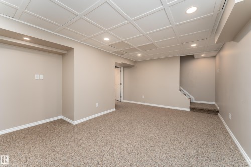 Spacious room featuring textured carpet flooring, neutral painted walls, and white baseboards - 16B Callingwood Court, Edmonton, AB 