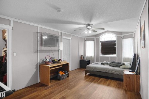 Expansive room featuring wood-finish flooring, a ceiling fan with integrated lighting, and multiple windows including an arched transom window - 4816 155 Ave, Edmonton, AB 