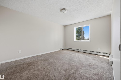 Neutral-toned room featuring a single window, baseboard heating, and textured carpeting - 201 3425 19 Street Nw, Edmonton, AB 