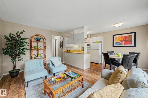 Open-concept living space featuring wood-finish flooring, a kitchen with light-toned cabinetry and countertops, a distinct dining area, and neutral wall tones - 19 Pineview Drive, St. Albert, AB 