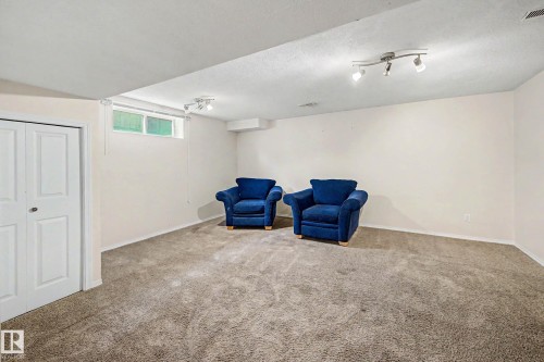 Carpeted room featuring white walls, a high-set window, and track lighting fixtures - 19 Pineview Drive, St. Albert, AB 