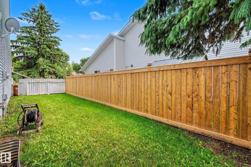 Fenced backyard featuring a wood privacy fence, green lawn, and mature evergreen trees - 19 Pineview Drive, St. Albert, AB 