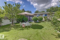 Expansive fenced backyard featuring a manicured lawn, established trees, and mature landscaping - 