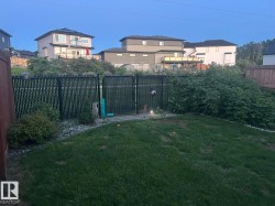 Manicured backyard with a dark chain-link fence, gravel landscaping, and mature shrubbery - 