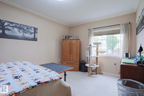 Carpeted room featuring a large window with white trim, crown molding, and neutral wall tones - 13 7293 South Terwillegar Drive, Edmonton, AB 