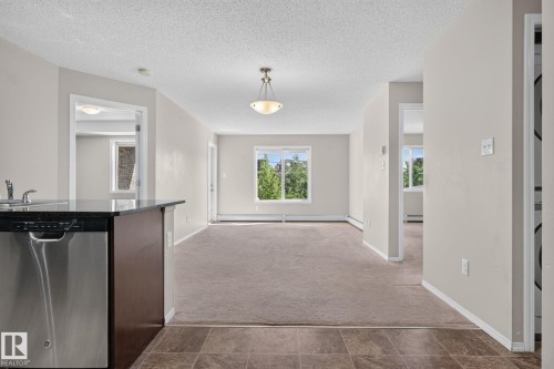 Open-concept living area featuring neutral carpeting, a large window, a ceiling-mounted light fixture, and pale wall tones - 205 11816 22 Avenue, Edmonton, AB 