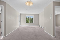 Open living area featuring neutral carpeting, light-toned walls, and a large window with exterior foliage - 