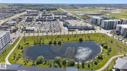 Expansive urban landscape featuring a large central pond surrounded by green space and paved walking paths - 