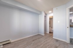 Interior space featuring wood-finish flooring, light blue wall paint, and white baseboards - 