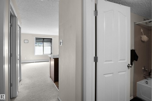 Interior hallway with light-colored walls and carpeted flooring - 215 1070 Mcconachie Blvd, Edmonton, AB 