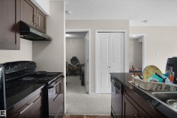 Kitchen featuring dark wood-finish cabinetry, black electric range with coordinating range hood, and dark countertops - 