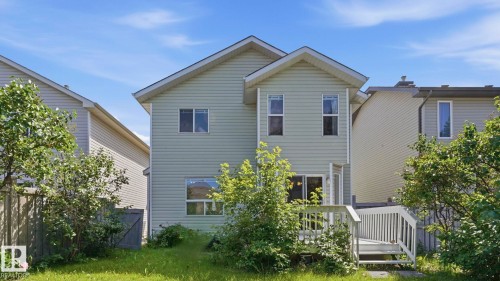 Rear elevation featuring light green siding, multiple windows, a ground-level patio door, and an exterior wooden deck - 3591 Mclean Crescent, Edmonton, AB 