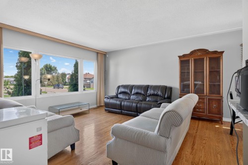 Expansive living space featuring light wood-finish flooring, a multi-pane window, light gray walls, and white trim - 12238 48 Street, Edmonton, AB 