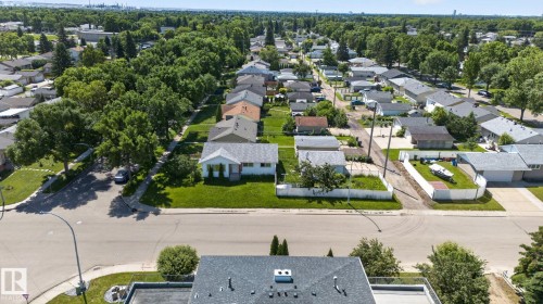 Aerial perspective showcasing a residential street with mature tree-lined sidewalks, a variety of single-story homes with pitched roofs, and manicured lawns - 12238 48 Street, Edmonton, AB 