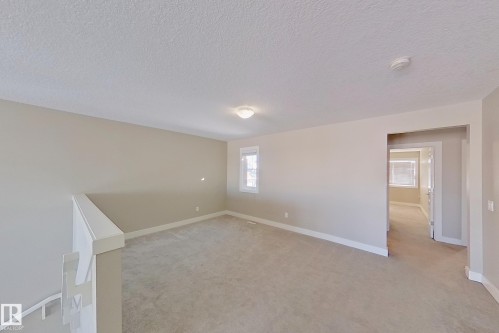 Expansive open loft area featuring neutral carpeting and walls, a ceiling-mounted light fixture, and a window for natural light - 4343 Crabapple Crescent, Edmonton, AB 