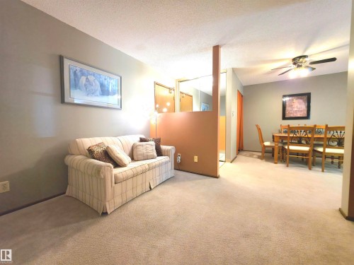 Spacious living area featuring neutral carpeting and a smooth ceiling - 302 10335 118 Street, Edmonton, AB 