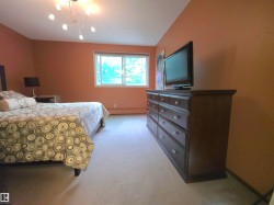 Carpeted room with a large window, a multi-bulb ceiling light fixture, and warm-toned wall paint - 
