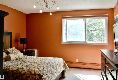 Room featuring a contemporary ceiling light fixture, a large window with white framing, and wood-finish flooring - 302 10335 118 Street, Edmonton, AB 