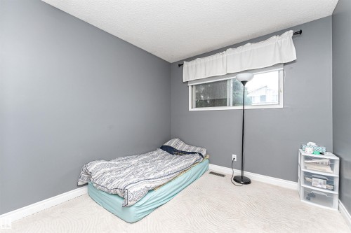 Room featuring gray walls, white baseboards, and textured carpeting - 11512 24 Avenue, Edmonton, AB 