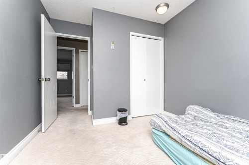 Neutral-toned carpeted flooring with light gray walls, featuring a standard closet with bi-fold doors and a ceiling-mounted light fixture - 11512 24 Avenue, Edmonton, AB 