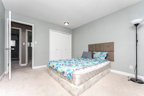 Carpeted room featuring a double-door closet, a single overhead light fixture, and a neutral wall color - 11512 24 Avenue, Edmonton, AB 