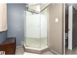 Corner shower enclosure with clear and frosted glass panels, tile surround, and an adjacent water closet - 