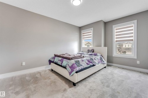 Bedroom featuring two windows with horizontal blinds, light grey carpeting, and light grey walls - 715 Ebbers Place Nw, Edmonton, AB 