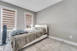 Two windows with layered shades, light gray wall paint, white baseboards, and light gray carpeted flooring - 
