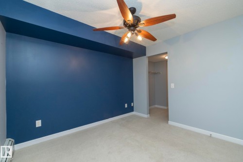 Room featuring a ceiling fan with light fixture, light-toned carpet flooring, and a walk-in closet with built-in hanging rod - 208 3719 Whitelaw Lane, Edmonton, AB 