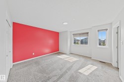 Spacious room featuring a vibrant accent wall, two large windows with horizontal blinds, and neutral grey carpeting - 