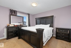 Bedroom with light purple walls, a large window, and brown carpet flooring - 