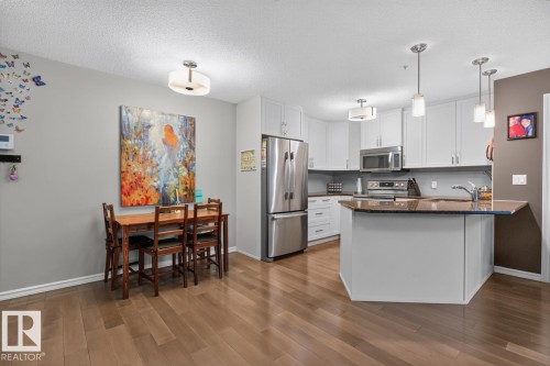 Modern kitchen featuring light cabinetry, stainless steel appliances, and dark countertops - 103 2203 44 Avenue, Edmonton, AB 