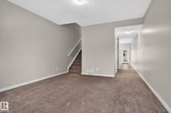 Open concept room featuring neutral tone walls and brown carpeting - 