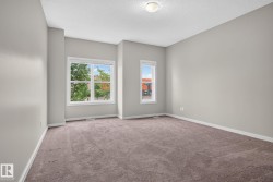Spacious room featuring neutral painted walls, two windows with white trim, and plush carpeting - 