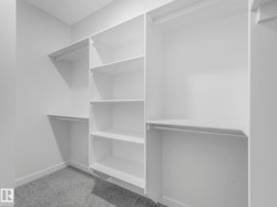Expansive walk-in closet featuring white built-in shelving, multiple hanging rods, and light gray carpeting - 