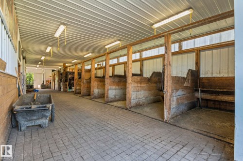 Barn interior featuring multiple stalls, a corrugated metal ceiling, exposed wood framing, and overhead fluorescent lighting - 860 41 Avenue, Edmonton, AB 