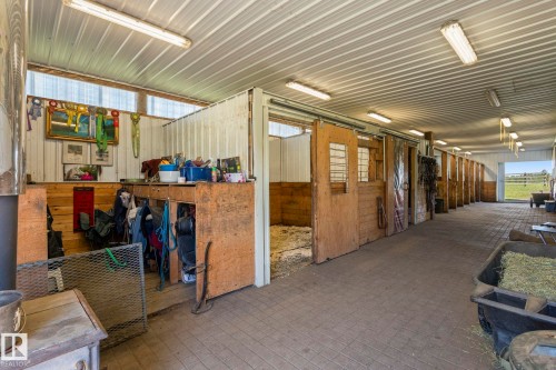 Barn interior featuring multiple stalls with sliding wood doors, a corrugated metal ceiling, and overhead fluorescent lighting - 860 41 Avenue, Edmonton, AB 