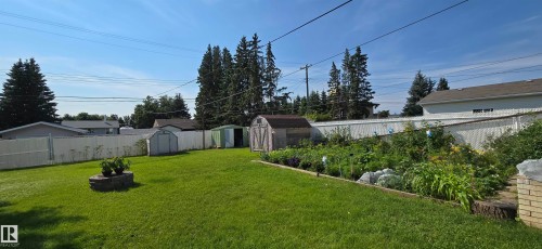 Expansive yard featuring a stone-clad fire pit, mature garden beds, a shed with a shingle roof, and two additional storage sheds - 5304 49 Street, Two Hills, AB - Outdoor With Backyard