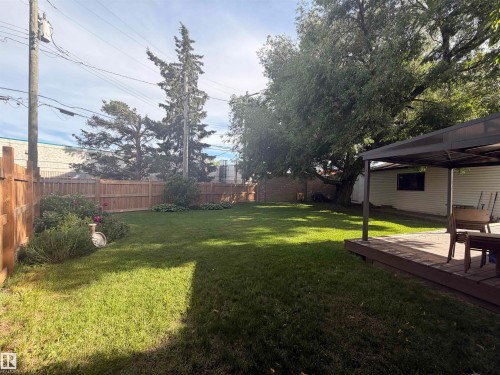 Expansive backyard featuring a manicured lawn, a wood deck with a metal gazebo, and mature trees - 8 Savoy Place, St. Albert, AB 