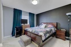 Bedroom featuring light gray walls, an accent wall, window blinds, and light-colored carpeting - 